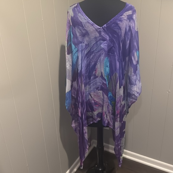 Dupatta purple watercolor shark bite hem semi-sheer poncho/cover-up. NWT. OS. - Picture 5 of 8
